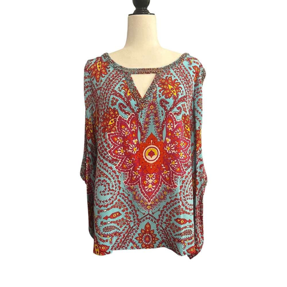 NWT Madison Marcus Silk Open Shoulder Tunic Beaded Paisley Boho Top L
